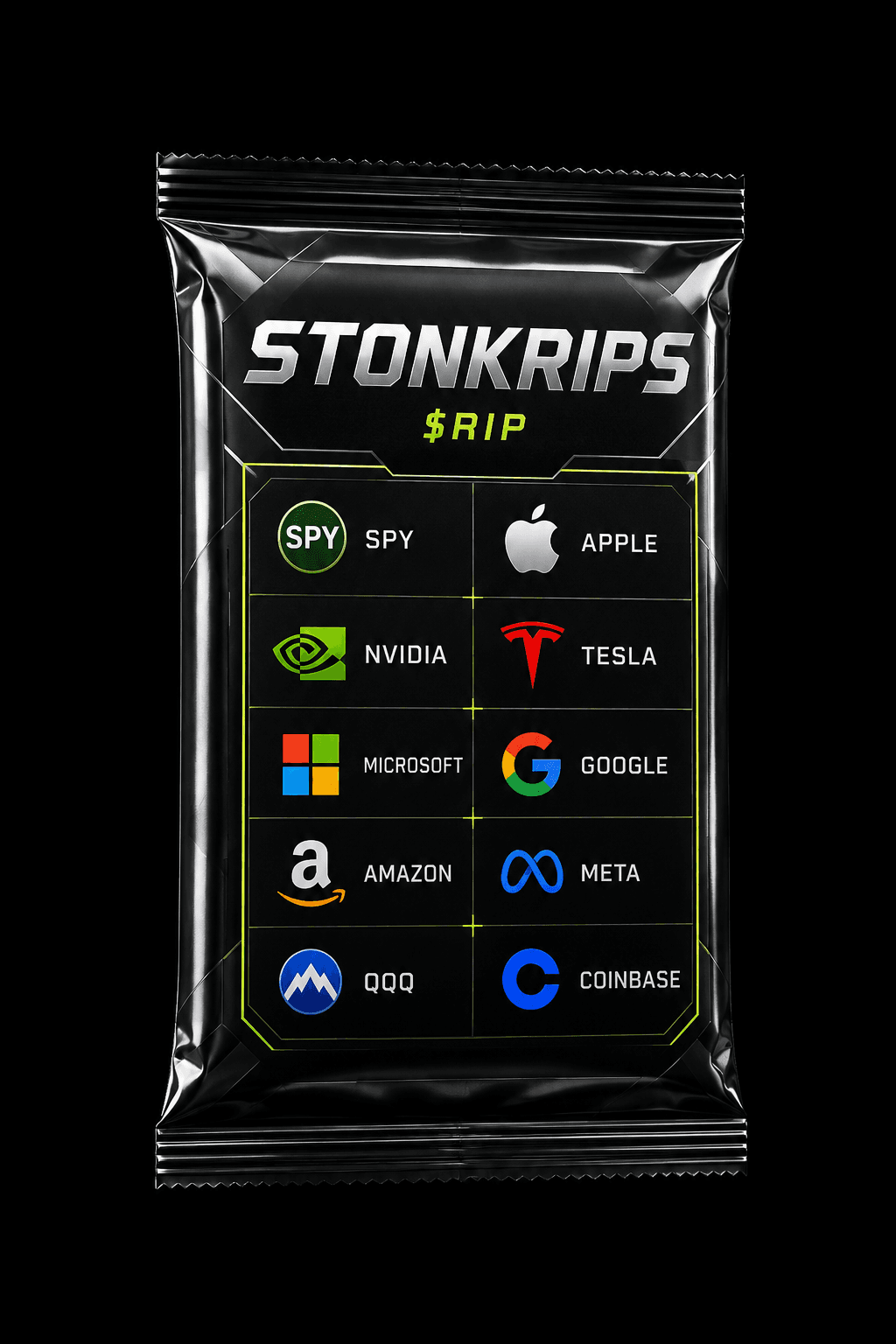 Premium black StonkRips pack featuring the ten supported Stock Tokens